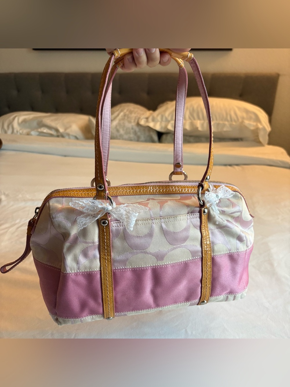 Coach Signature Stripe Zip Satchel F13551 Pink Jacquard Leather Shoulder Bag Y2K